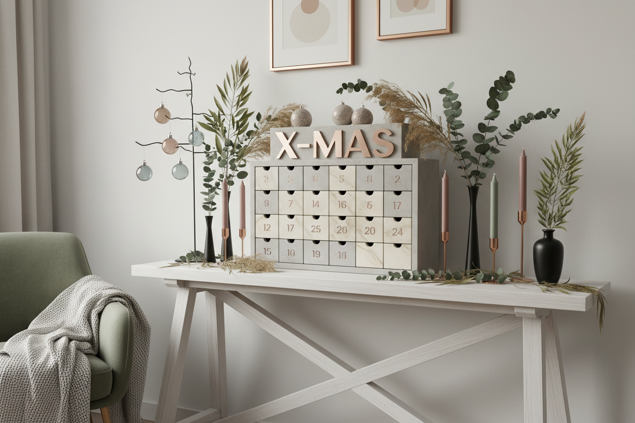 adventkalender met X-mas in pastelkleuren op een bijzettafel